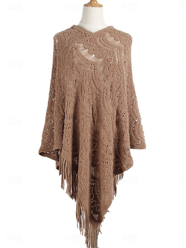  Mujer Bolero Casual Suave Color puro Croché Escote en Pico Ahuecado Borlas De Punto Manga Larga Tops regulares Tejer Exterior Diario Fin de semana Blanco Caqui Otoño Invierno