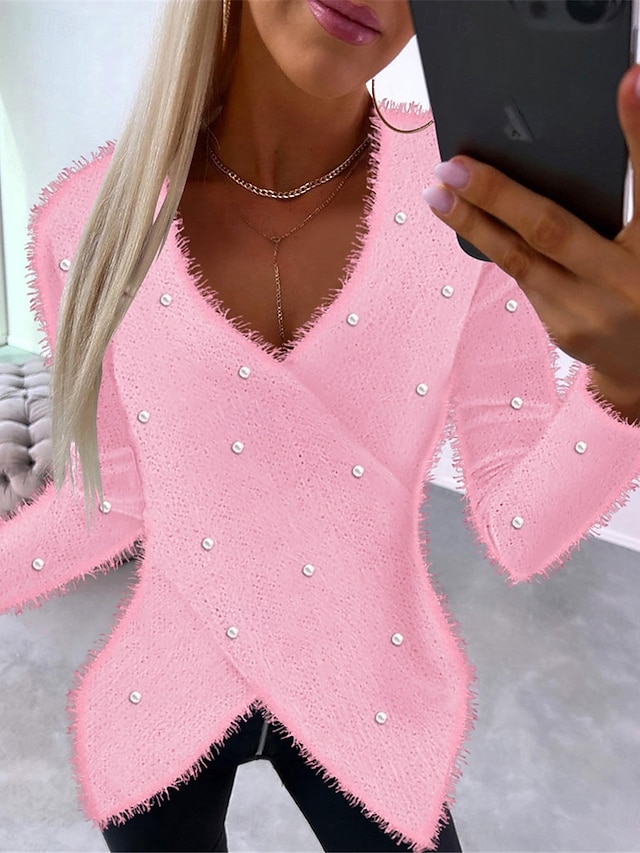  dameblusegenser fuzzy rosa kant asymmetrisk langermet v-hals basic casual chic høst vinter