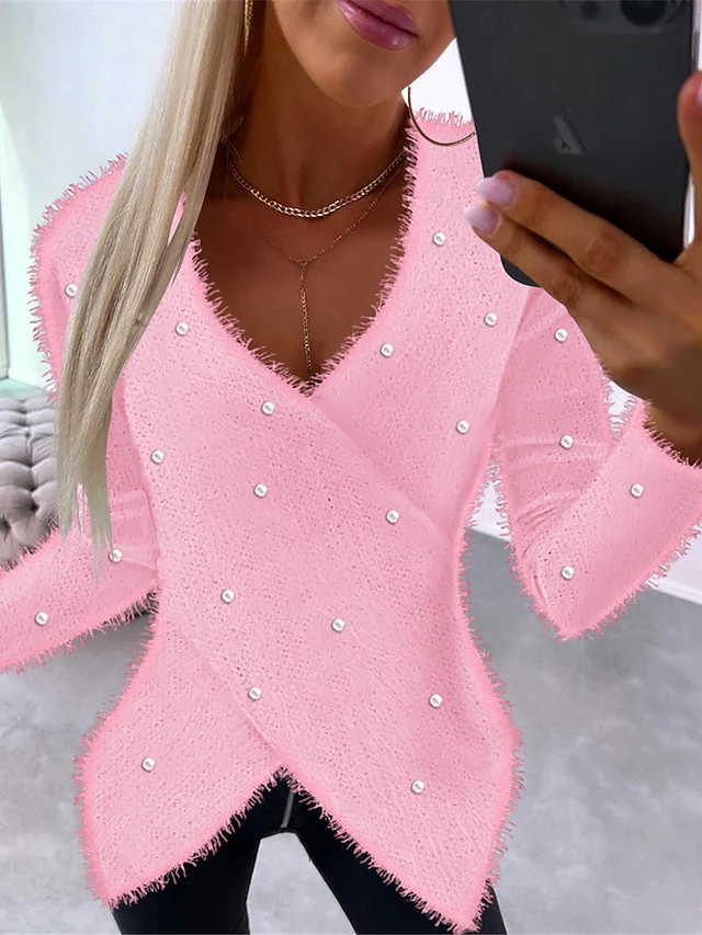 Women's Blouse Pullover Fuzzy Pink Edge Asymmetrical Long Sleeve V-Neck Basic Casual Chic Autumn Winter4