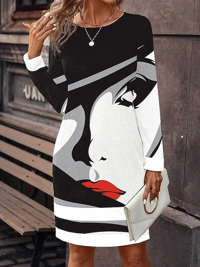  Damen Midikleid Sweatshirt-Kleid Winter Kleid Corsagenkleider Etuikleid Elegant Stilvoll Urlaub Party Strasse Regular Fit Abstrakt Langarm Rundhalsausschnitt Schwarz Sommer Herbst Winter