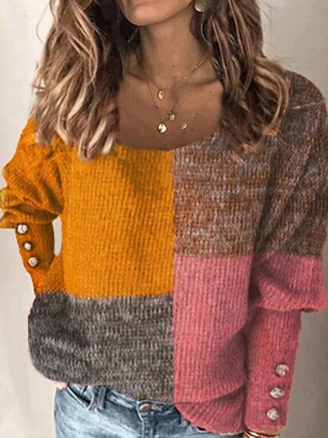 Women's Sweater Pullover Sweater Jumper Casual Soft Color Block Ribbed V Neck Knitted Long Sleeve Regular Tops Knit Outdoor Daily Weekend Black Rainbow Fall Winter4