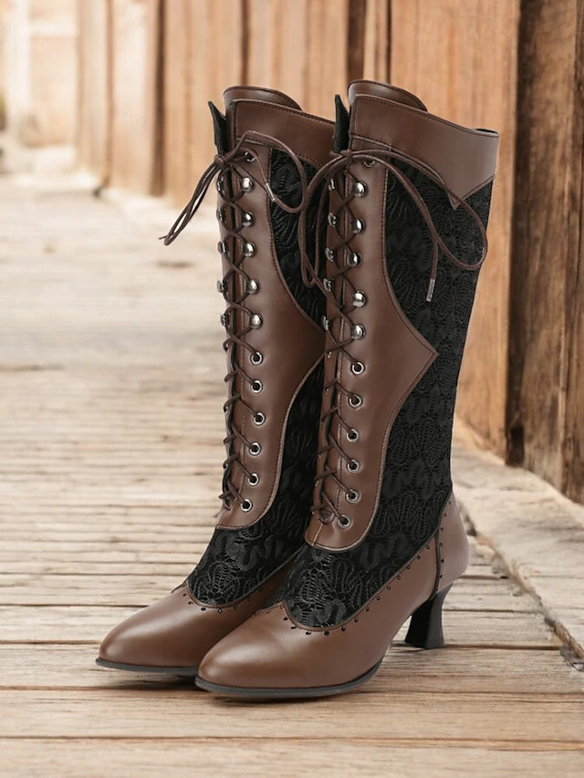 Women's Victorian Lace-Up Mid-Calf Boots – Faux Leather & Lace Steampunk Gothic Costume Shoes for Cosplay, Parties & Special Occasions 11