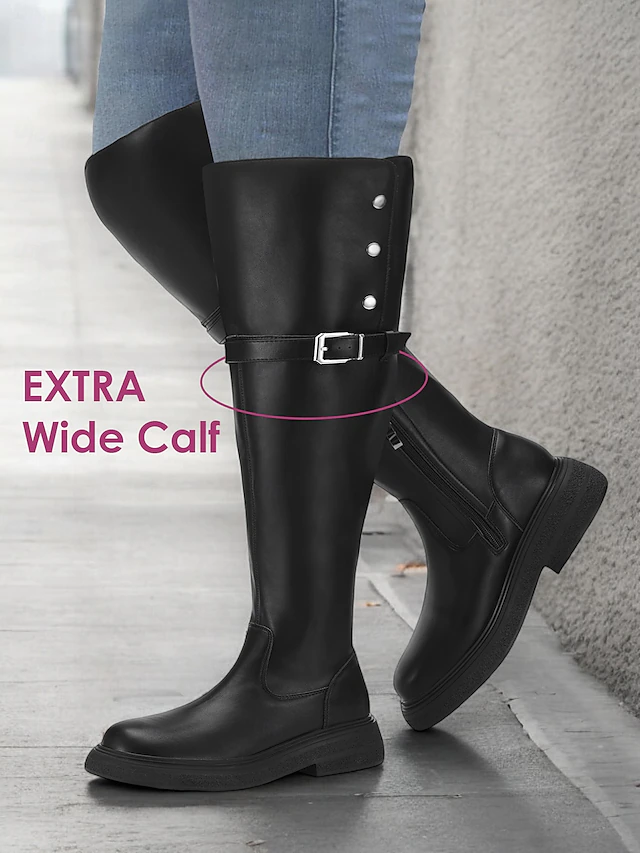 Women's Extra Wide Calf Black Knee-High Boots with Buckle Strap and Side Zipper – Comfortable Fit for Everyday and Casual Outfits 14