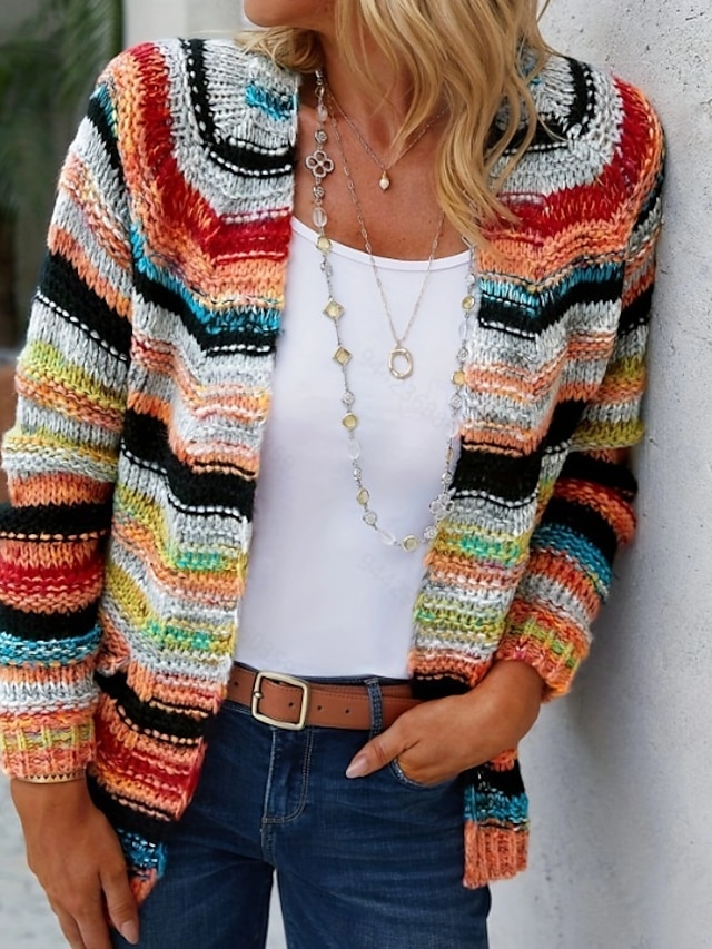  Femme Pull Chandail Gilet Cardigan Décontractées Flexible Rayé A côtes Ouvrir le devant Poche Tricoté manche longue Hauts réguliers Tricoter Extérieur du quotidien Fin de semaine Rouge Bleu Automne