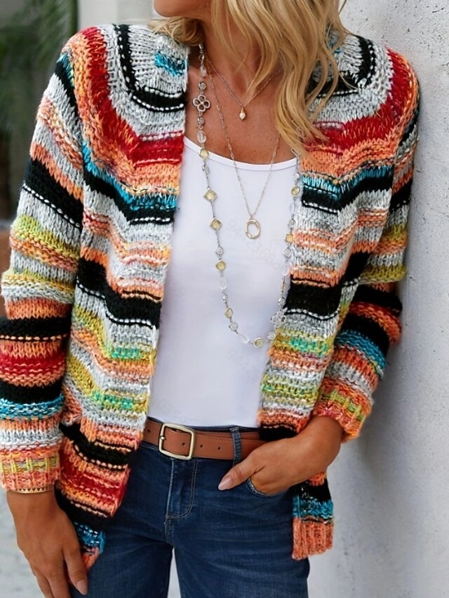 Women's Sweater Striped Cardigan Open Front Ribbed Knit Pocket Knitted Fall Winter Outdoor Daily Weekend Casual Soft Long Sleeve Red Blue 11