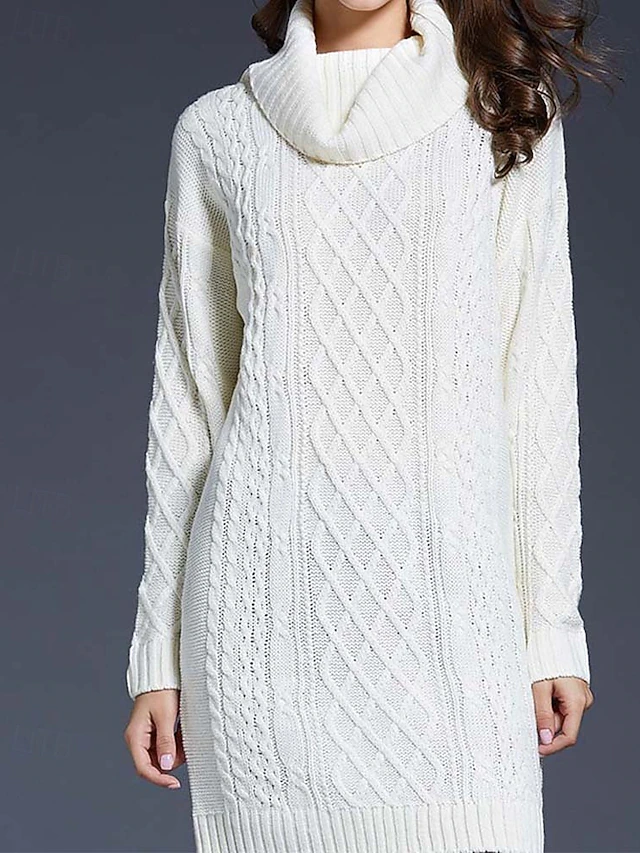 Women's Sweater Dress Casual Soft Pure Color Cable Turtleneck Knitted Long Sleeve Long Tops Knit Outdoor Daily Weekend White Wine Fall Winter 8