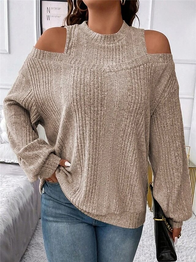 Women's Sweater Pullover Sweater Jumper Casual Soft Striped Ribbed Crew Neck Knitted Cold Shoulder Long Sleeve Regular Tops Knit Outdoor Daily Weekend Black Red Fall Winter