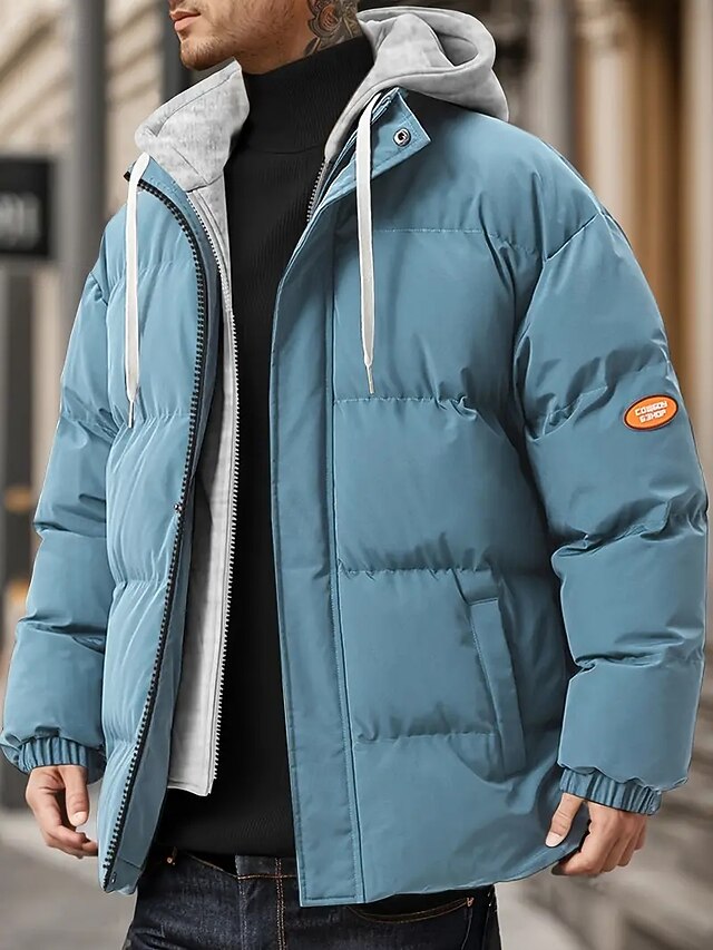  Herren Winterjacke puffer jacket Gepolstert Mit Kapuze gefälschtes zweiteiliges Polyester Tasche Sports Outdoor Standard Modisch Brautkleider schlicht warm Windundurchlässig Winter Glatt Schwarz Blau