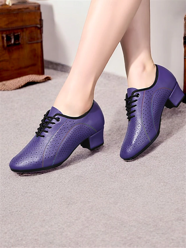 Women's Purple Perforated Leather Dance Shoes - Lace-Up Low Heel Jazz Shoes for Ballroom and Latin Dance 9