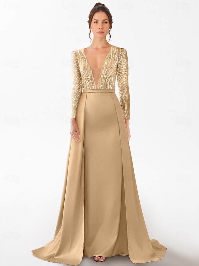  A-Line Evening Gown Elegant Dress Formal Floor Length 3/4 Length Sleeve V Neck Pocket Satin with Rhinestone Glitter 2025