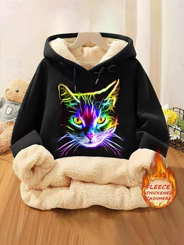  moletom feminino com capuz moletom de lã gato street dailywear bolso estampa casual moletom com capuz manga comprida microelástico outono inverno confortável respirável tecido macio