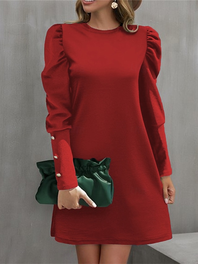  Women's Casual Dress Mini Dress Ruched Button Casual Crew Neck Long Sleeve Black Red Green Color