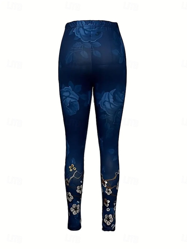  Kvinnors leggings byxor mode tights hel längd midjehöjd blomma  floral tryck mage kontroll rumpa lyft komfort hög elastisitet vardag svart och grön svart  röd blå-blomma svart smal