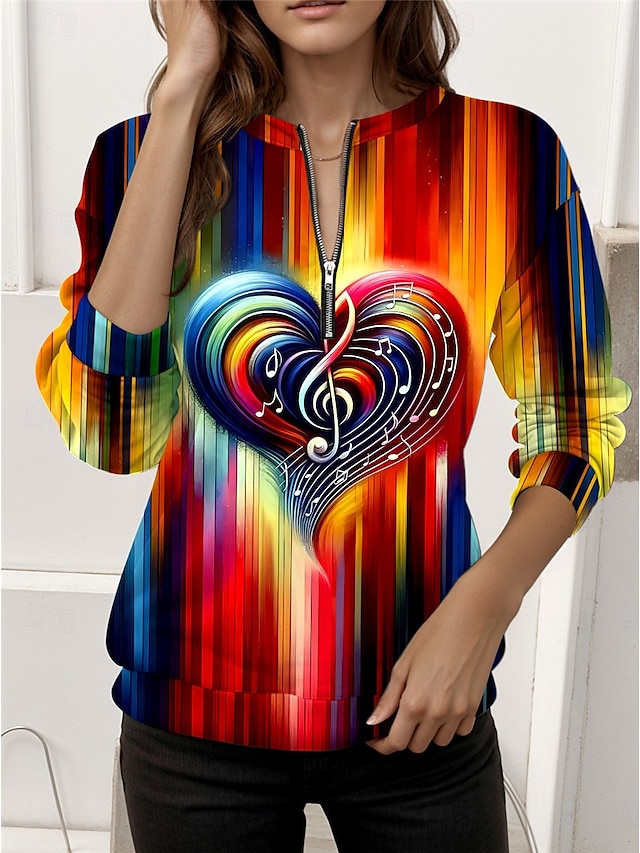  Maglione a Zip da Donna a Quarti Cuore Grafico Street Dailywear Stampa Casual Collo Tondo Maniche Lunghe Micro-elastico Autunno Inverno Comodo Traspirante Tessuto Morbido