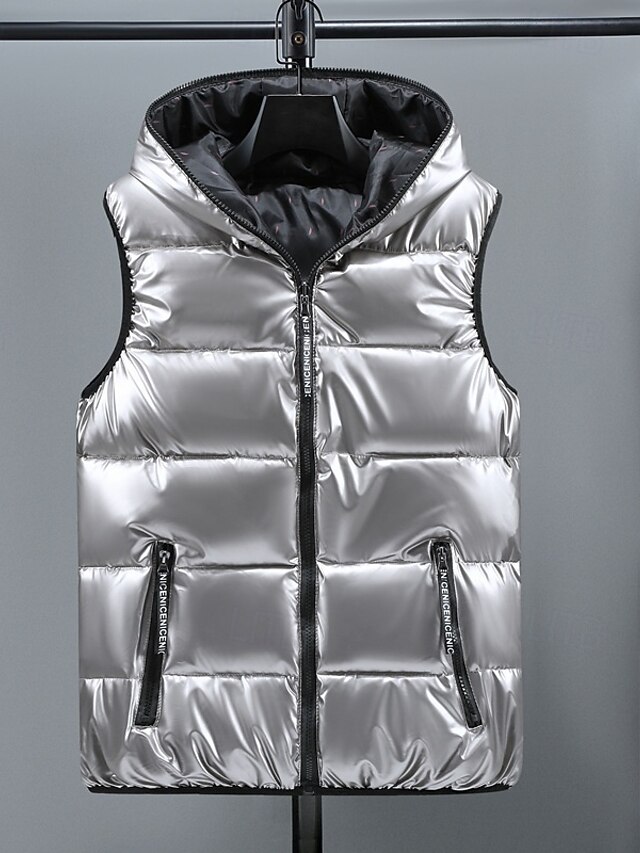  Herre Puffer Vest Hettegenser vest Polstret Gilet Vattert vest Daglig Stevnemøte Feriereise Mote Fritid Høst vinter Lomme Polyester Hold Varm Bekvem Helfarge Glidelås Med hette Normal Sølv Svart Rød