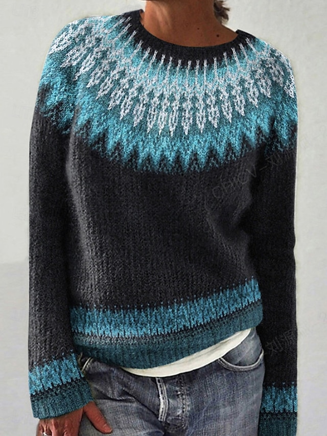 Women's Sweater Pullover Sweater Jumper Casual Soft Geometric Ribbed Crew Neck Knitted Long Sleeve Regular Tops Knit Outdoor Daily Weekend Black Light Green Fall Winter4