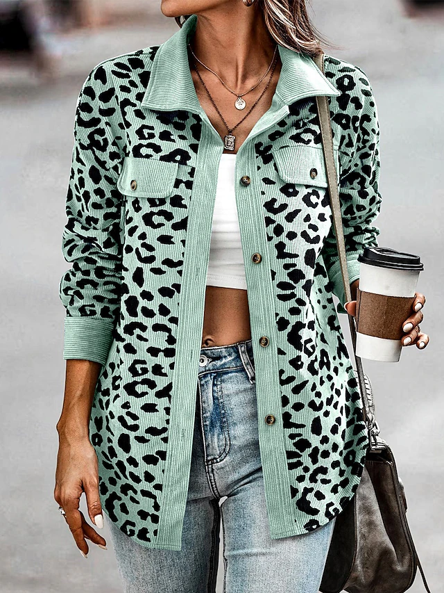 Women's Casual Jacket Outdoor Street Daily Wear Fall Winter Regular Coat Regular Fit Thermal Warm Breathable Stylish Casual Jacket Long Sleeve Leopard with Pockets Print Pink Blue Green 8