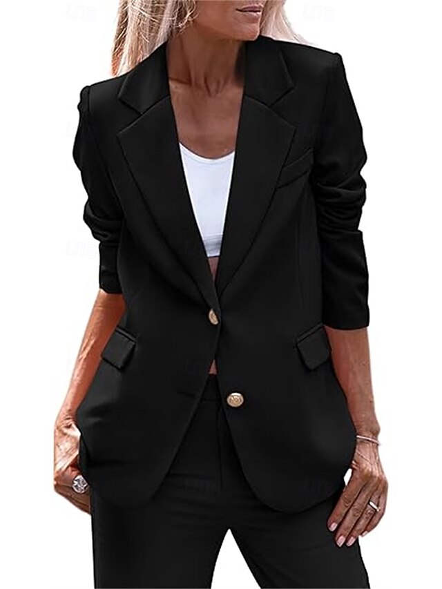 Women's Blazer Button Solid Color Casual / Daily Simple Regular Fit Outerwear Long Sleeve Winter Black S 12