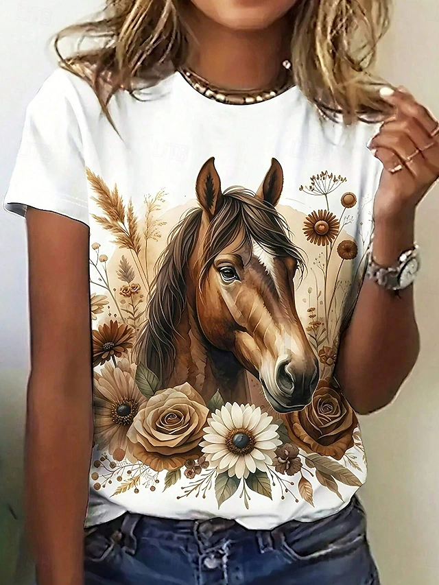 Women's T Shirt Graphic Horse Casual Short Sleeve Round Neck Regular Tops Daily Print White Spring Fall4