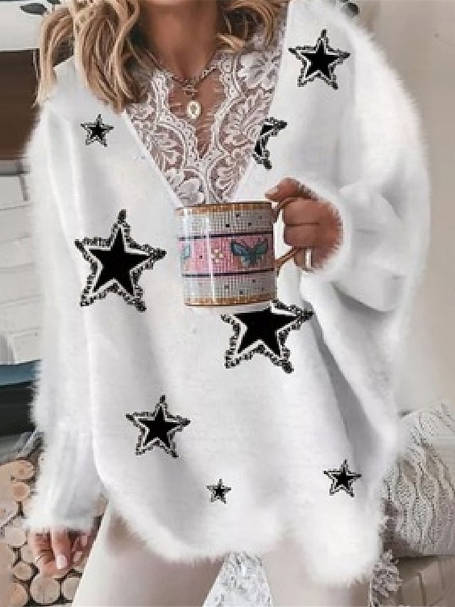  női pulóver pulóver fuzzy jumper v nyak bordázott kötött csipke kötött print ősz tél szabadtéri mindennap hétvége alkalmi puha hosszú ujjú csillag fehér rózsaszín