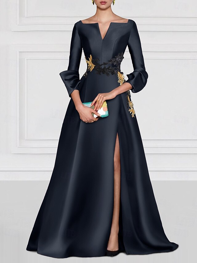 Red NavyEmbroidered A-Line Evening Gown Elegant Dress Formal Floor Length 3/4 Length Sleeve Boat Neck Satin with Beading Slit 7