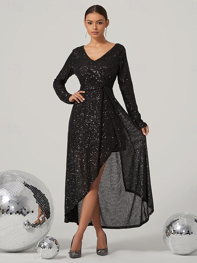 Robe courte noire soirée à manches longues et paillettes