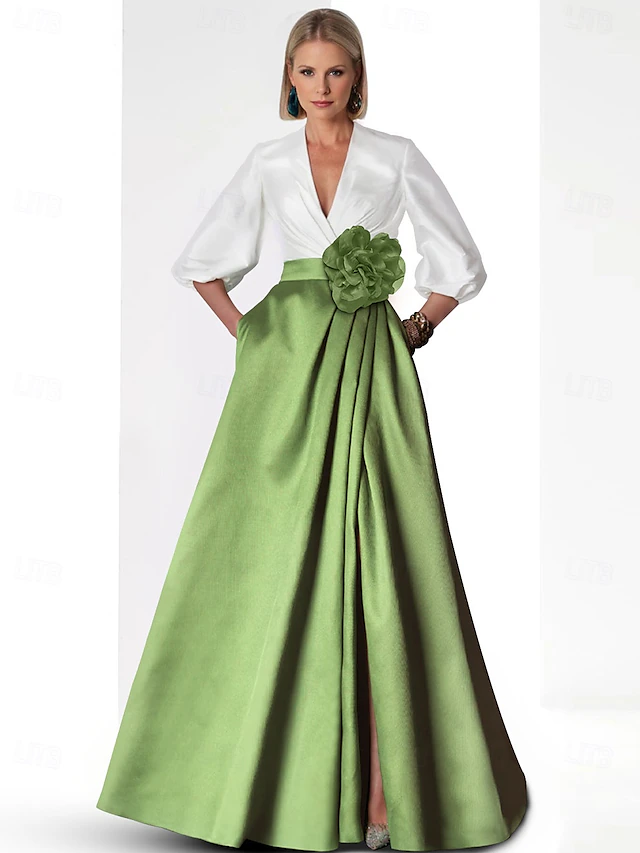 A-Line Evening Gown Elegant Dress Formal Floor Length 3/4 Length Sleeve V Neck Pocket Satin with Slit4
