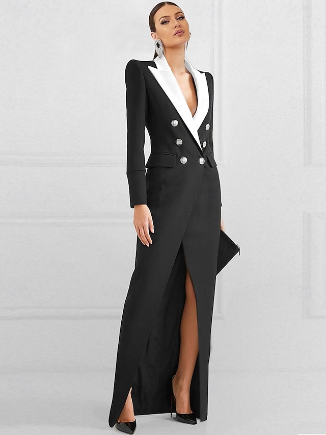  Robe blazer noire robe fourreau robe de soirée élégante robe de smoking formelle longue à manches longues col cranté poche en crêpe extensible avec poche