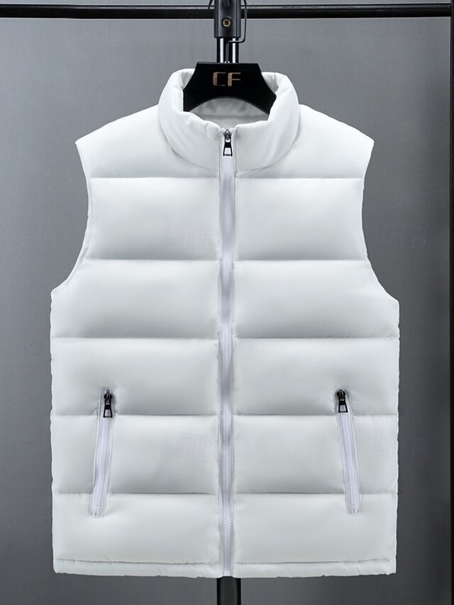  Homme Gilet matelassé Rembourré Gilet du quotidien Rendez-vous Vacances Mode Décontractées Automne hiver Poche Polyester Chaud Confortable Couleur unie fermeture Éclair Mao Standard Noir Blanche