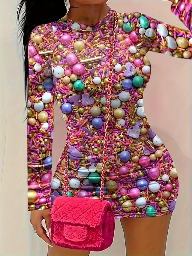 Women's Knit Dress Graphic Print Crew Neck Mini Dress Stylish Daily Vacation Long Sleeve Fall4