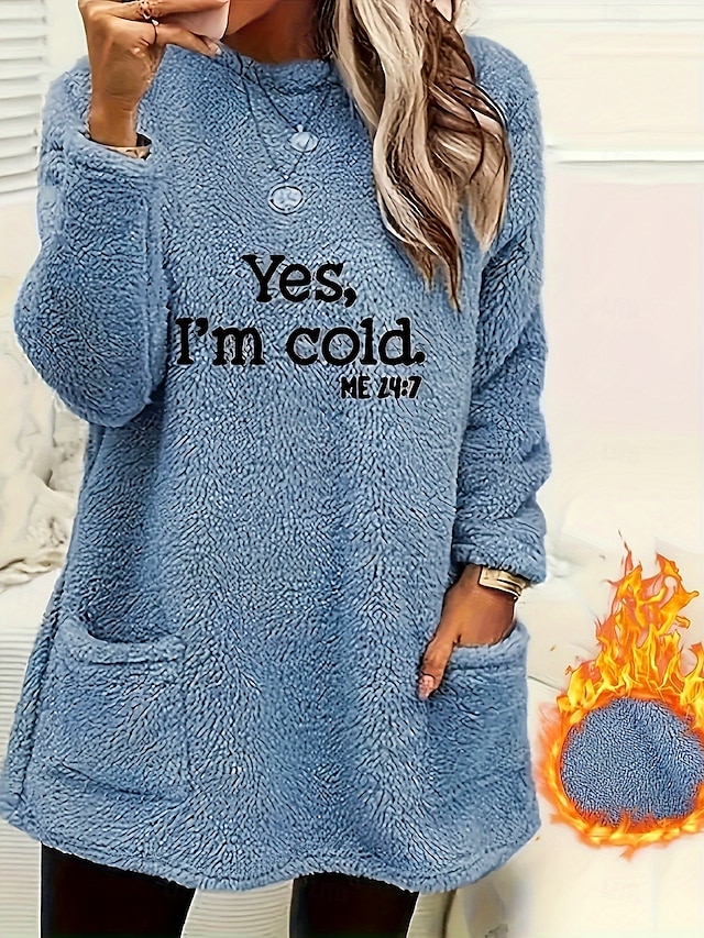  pullover da donna in pile casual con lettere girocollo casual tasca stampa manica lunga blu autunno& inverno