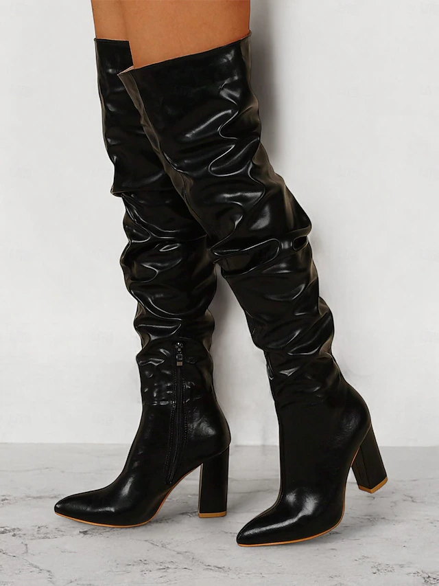 Women's Black Slouchy Over-the-Knee Boots – Stylish Pointed Toe with Block Heel for Winter Fashion and Evening Outfits 14