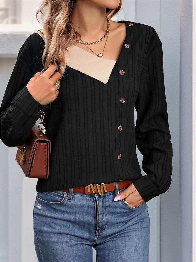  Damen Hemd Bluse Feste Farbe Basic Brautkleider schlicht Langarm V Ausschnitt Normale Oberteile Täglich Patchwork Knopf Schwarz Herbst Winter