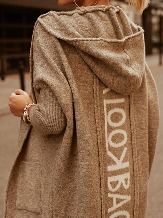 Women's Sweater Cardigan Casual Soft Letter Ribbed Hooded Pocket Knitted Long Sleeve Long Tops Knit Outdoor Daily Weekend Light Brown Blue Fall Winter 7