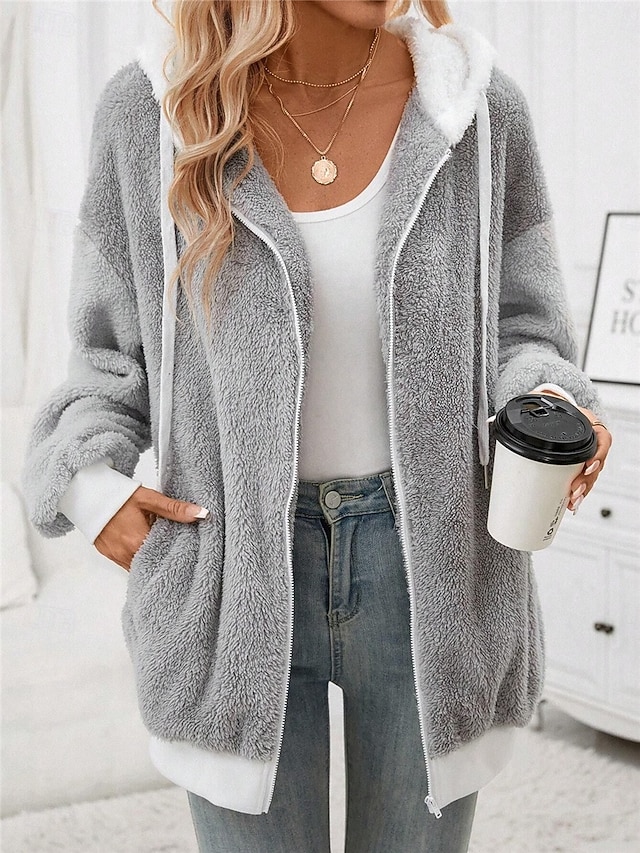 Women's Teddy Coat Hoodie Jacket Outdoor Street Daily Wear Fall Winter Regular Coat Regular Fit Thermal Warm Breathable Stylish Casual Jacket Long Sleeve Plain with Pockets Full Zip Gray 8