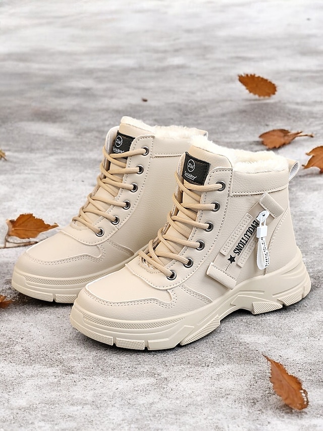  botas femininas de amarrar no tornozelo com forro de pele quente – botas de inverno bege elegantes para conforto ao ar livre em clima frio
