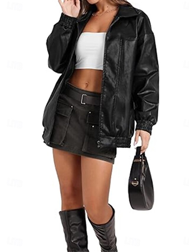 Women's Casual Black Faux Leather Jacket main image 1