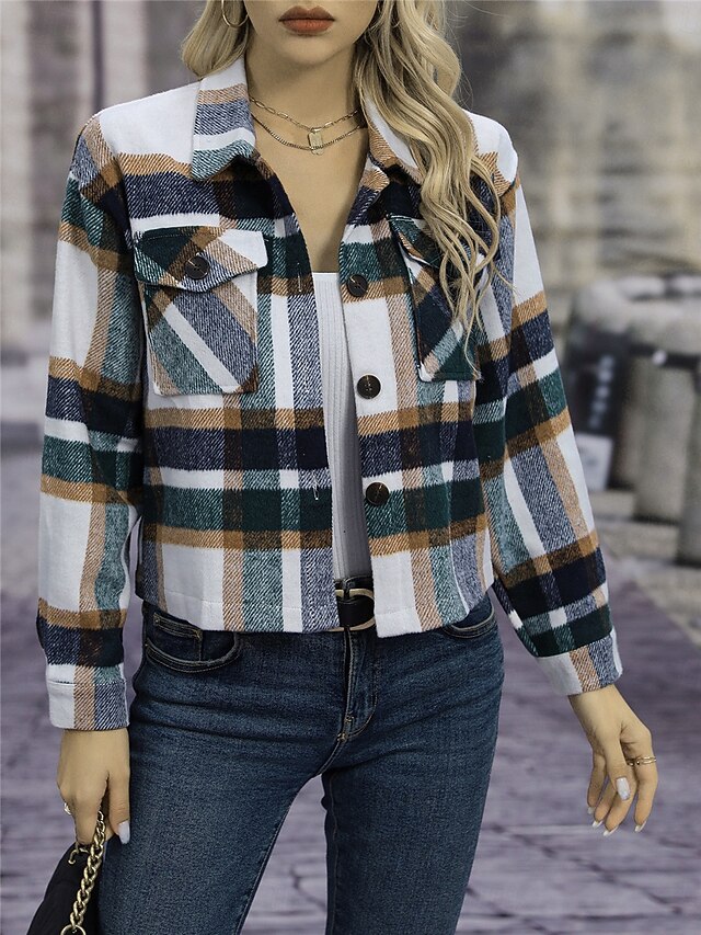  Dames Jas Buiten Straat Alledaagse kleding Herfst Winter Kort jas Normale pasvorm Thermisch Warm Ademend Stijlvol Casual Jacks Lange mouw Strepen en Plaid Met zakken Afdrukken Rood Groen Khaki