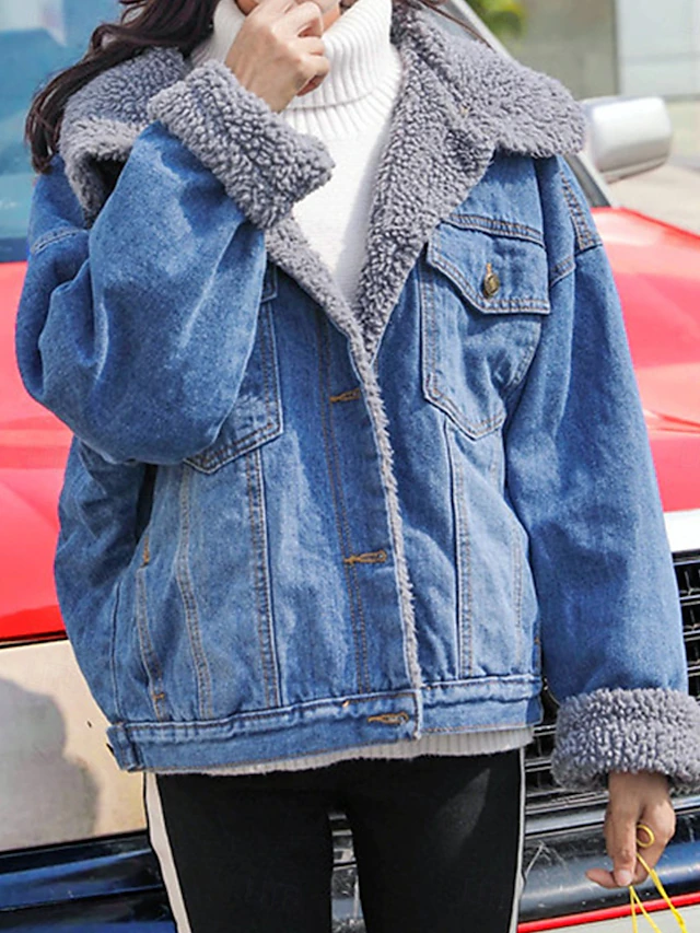 Women's Teddy Coat Hoodie Jacket Denim Jacket Warm Breathable Pocket Fleece Lined Casual Plain Vacation Street Daily Wear Going out Single Breasted Regular Turndown Regular Fit Long Sleeve Outerwear4
