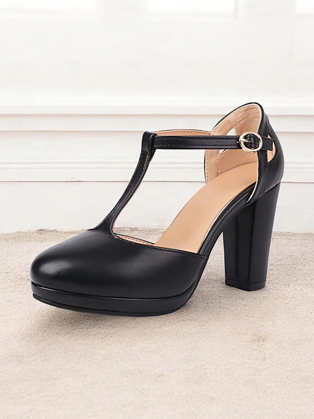 Women's Black T-Strap Platform Heels with Chunky Block Heel – Elegant Closed-Toe Pumps for Formal Events and Parties 11