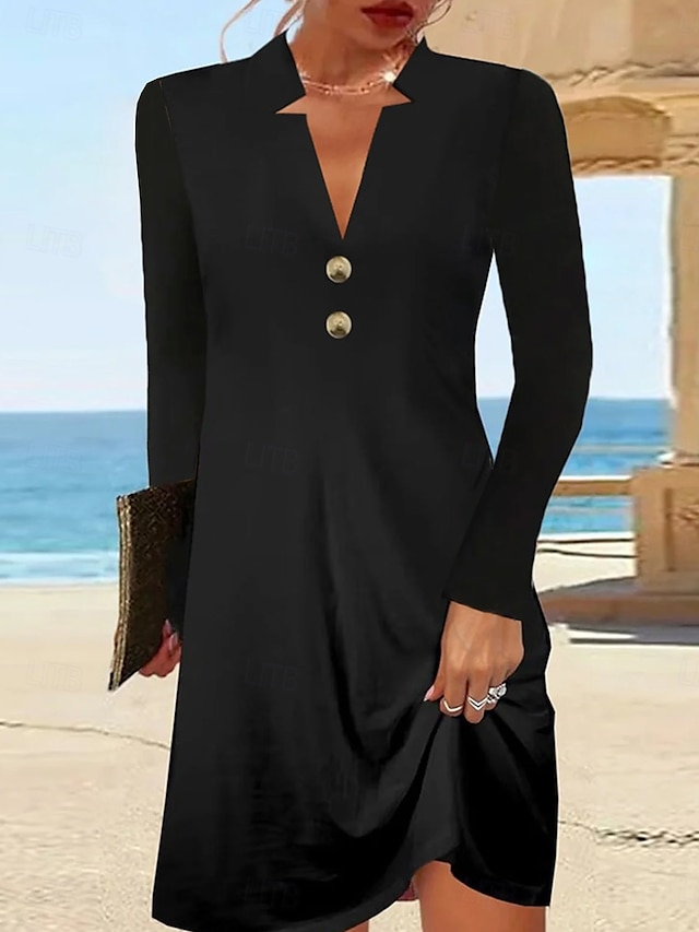  Women's Black Dress Mini Dress Button Elegant V Neck Long Sleeve Black Color