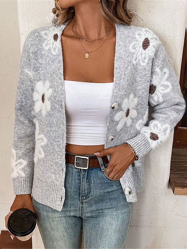 Women's Sweater Cardigan Casual Soft Floral Ribbed V Neck Buttons Knitted Long Sleeve Regular Tops Knit Outdoor Daily Weekend Black Light Grey Fall Winter 10
