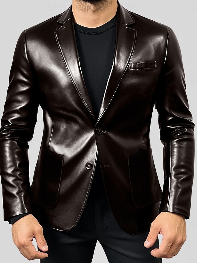  Herre Blazer Jakke PU Læder Sport Frakke Mode Kontor Tyk Varm Ensfarvet Blazer Mørk Kaki Sort Brun Standard Fit Enkeltknap To-knapper
