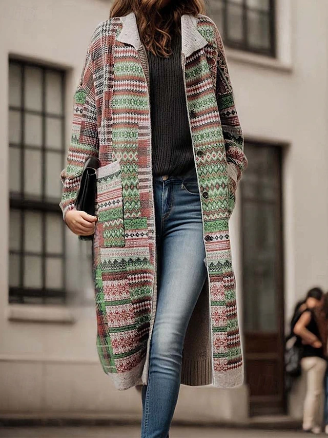 Women's Long Cardigan Collared Knit Pocket Fall Winter Outdoor Cool Stylish Vintage Style Long Sleeve Geometric Striped Green 6