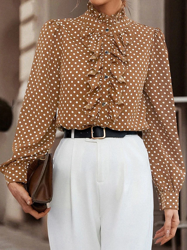 Women's Shirt Blouse Polka Dot Casual Long Sleeve Turtleneck Regular Tops Daily Ruffle Patchwork Buttons Black Brown Fall Winter 10