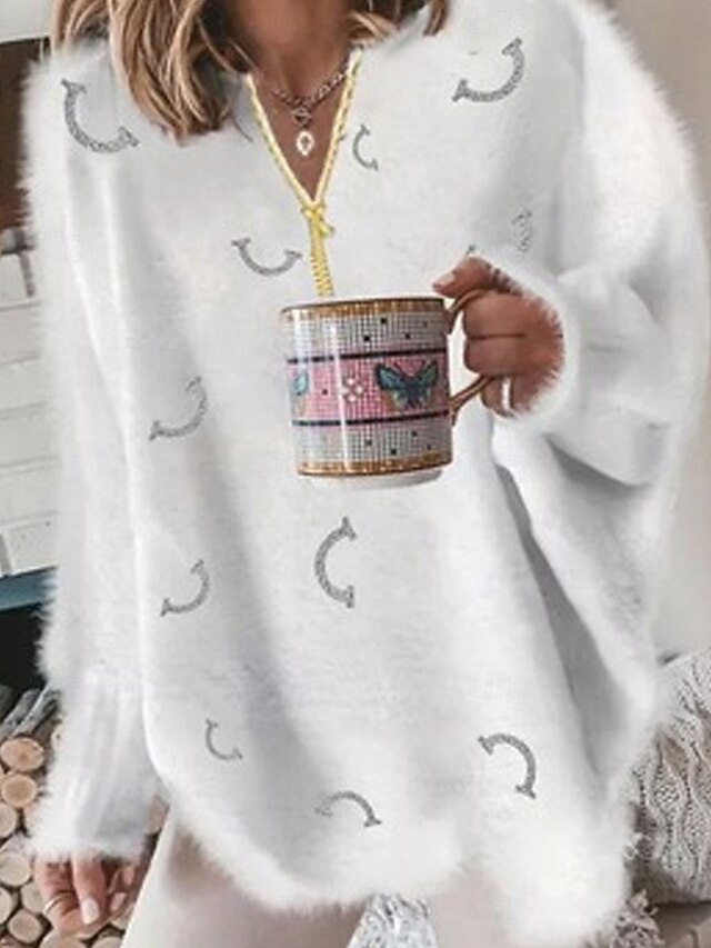 Women's Sweater Pullover Fuzzy Jumper Crew Neck Ribbed Knit Zipper Knitted Print Fall Winter Daily Weekend Casual Soft Long Sleeve Graphic White3