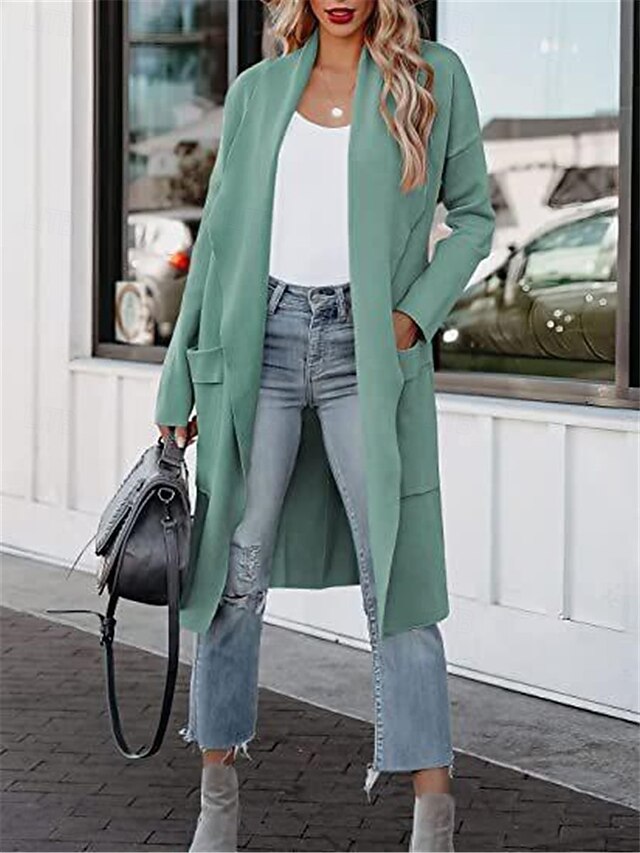Women's Coat Outdoor Street Daily Wear Fall Winter Long Coat Regular Fit Thermal Warm Breathable Stylish Casual Jacket Long Sleeve Plain with Pockets Black White Green 5
