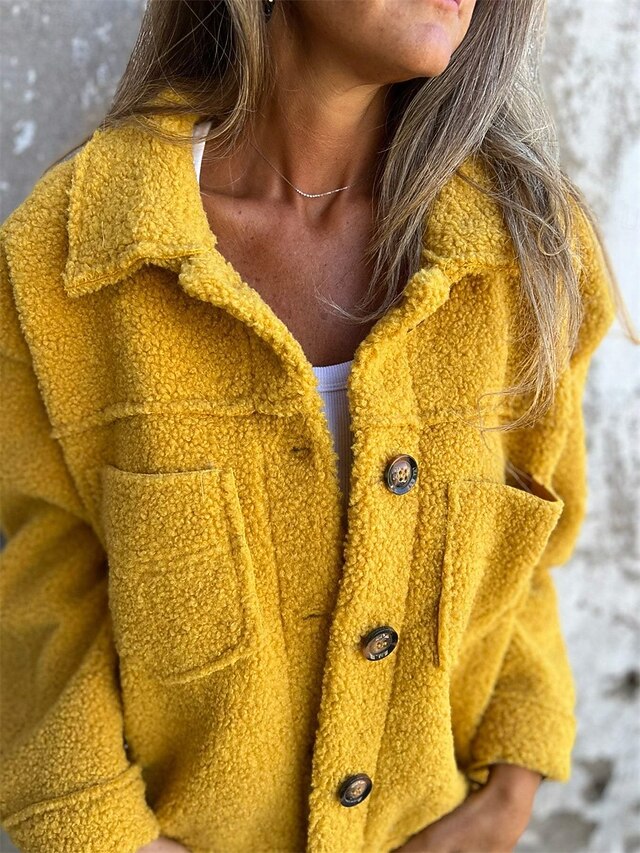 Women's Fleece Jacket Teddy Coat Warm Breathable Buttons Pocket Fleece Lined Casual Plain Vacation Street Daily Wear Going out Single Breasted Short Lapel Regular Fit Long Sleeve Outerwear Yellow 5