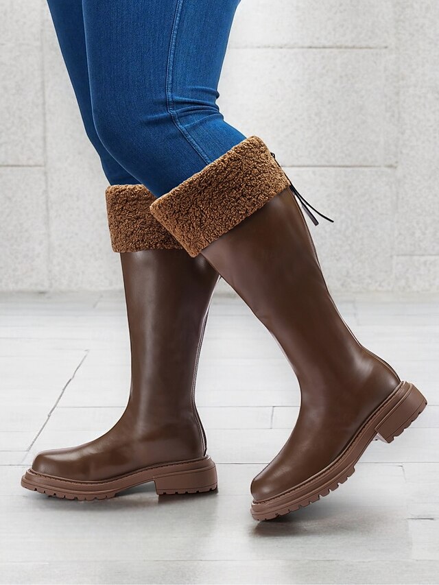 Women's Extra Wide Calf Brown Knee-High Boots with Faux Fur Cuff – Cozy Winter Footwear with Rugged Sole for Outdoor Comfort 12