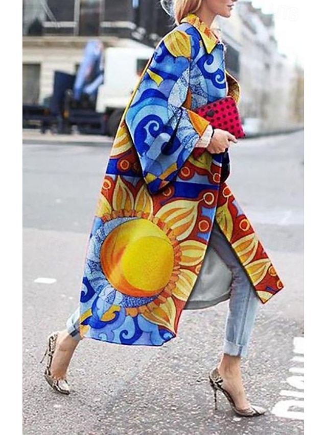  Mulheres Blazer Escritório Trabalho Rua Outono Inverno Longo Casaco Ajuste Largo Térmico / Quente Contemprâneo à moda Casual Casaco Manga Longa Estampado Floral Imprimir Vermelho Azul Verde